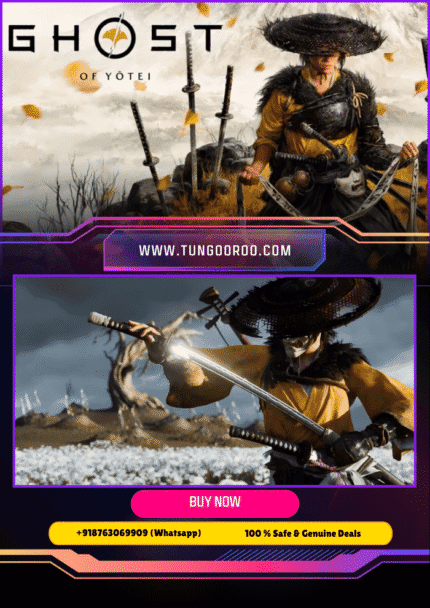 Epic cinematic shot of Ghost of Yotei’s samurai warrior standing against a snow-covered volcanic mountain, cherry blossoms swirling in the wind, with sharpened katana drawn – ultra realistic next-gen graphics – 4K