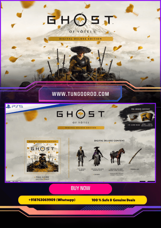 Epic cinematic shot of Ghost of Yotei’s samurai warrior standing against a snow-covered volcanic mountain, cherry blossoms swirling in the wind, with sharpened katana drawn – ultra realistic next-gen graphics – 4K