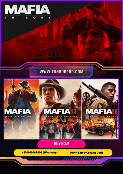 Mafia Trilogy game cover featuring vintage cars and mobsters in action scenes in a vibrant cityscape 4k