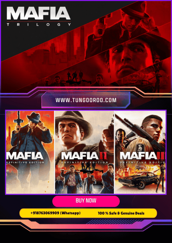 Mafia Trilogy game cover featuring vintage cars and mobsters in action scenes in a vibrant cityscape 4k