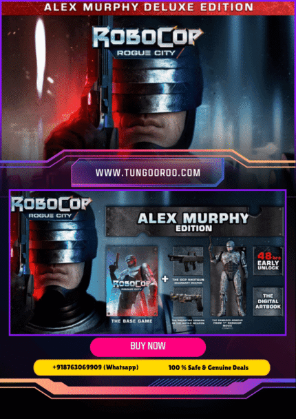 RoboCop Alex Murphy in action, shooting and using cybernetic abilities amidst a crime-ridden Old Detroit environment, 4k