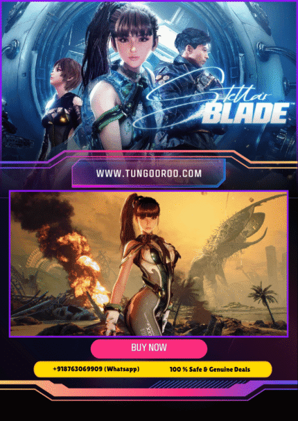 Stellar Blade gameplay screenshot showing Eve battling monstrous alien creatures in a neon-lit futuristic city, showcasing cinematic action combat in 4K