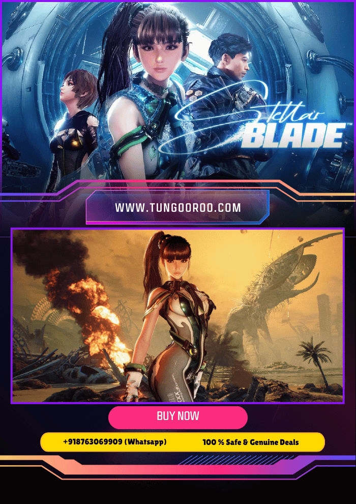 stellarblae Stellar Blade gameplay screenshot showing Eve battling monstrous alien creatures in a neon-lit futuristic city, showcasing cinematic action combat in 4K