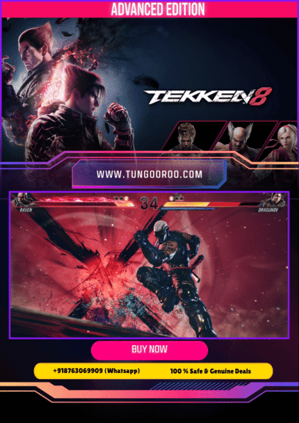 TEKKEN 8 Advanced Edition cover art showcasing breathtaking 3D fighters, cinematic visuals, and next-gen battle arenas in 4k