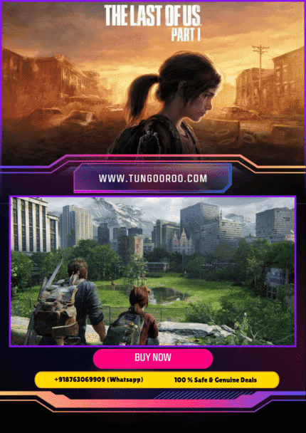 The Last of Us Part I official artwork featuring Joel and Ellie with post-apocalyptic ruined cityscape in the background – Ultra Realistic 4K