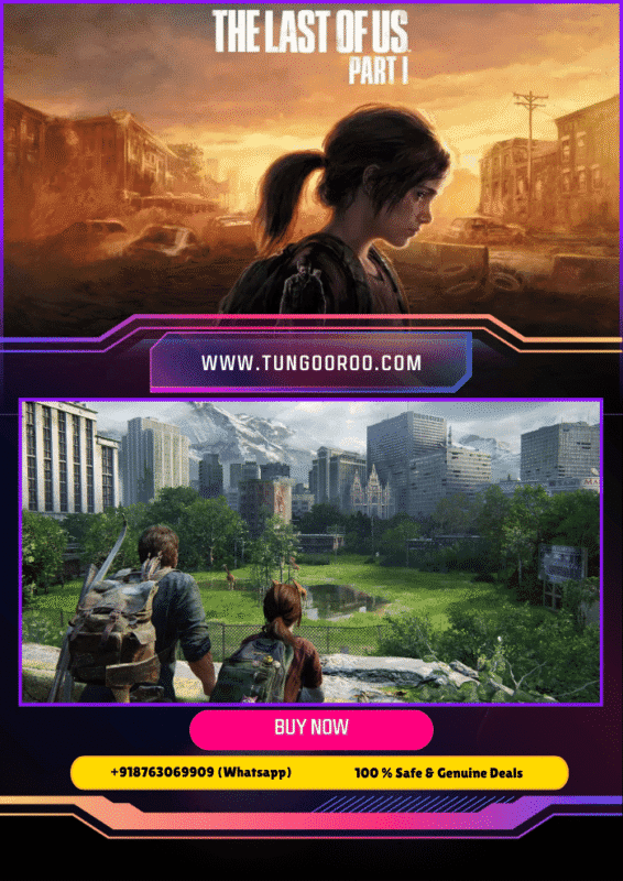 The Last of Us Part I official artwork featuring Joel and Ellie with post-apocalyptic ruined cityscape in the background – Ultra Realistic 4K