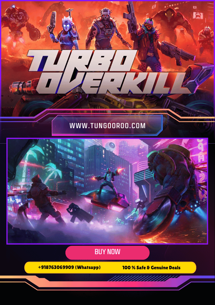trboover Turbo Overkill gameplay showcasing fast-paced cyberpunk FPS action with neon cityscapes and brutal chainsaw leg combat 4k