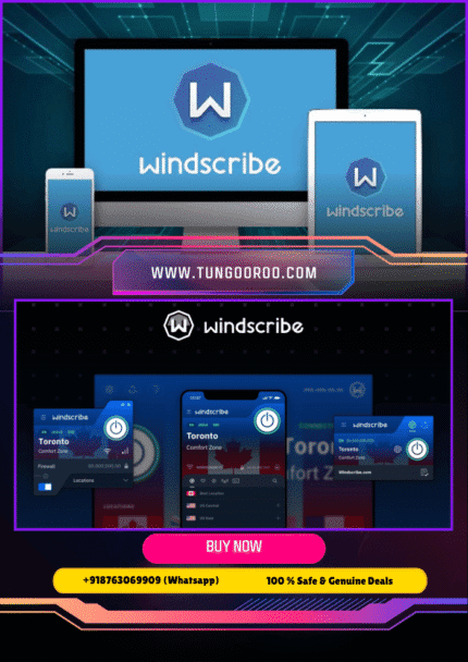 Windscribe VPN app interface showing privacy features, ad blocker, and secure connection status 4k