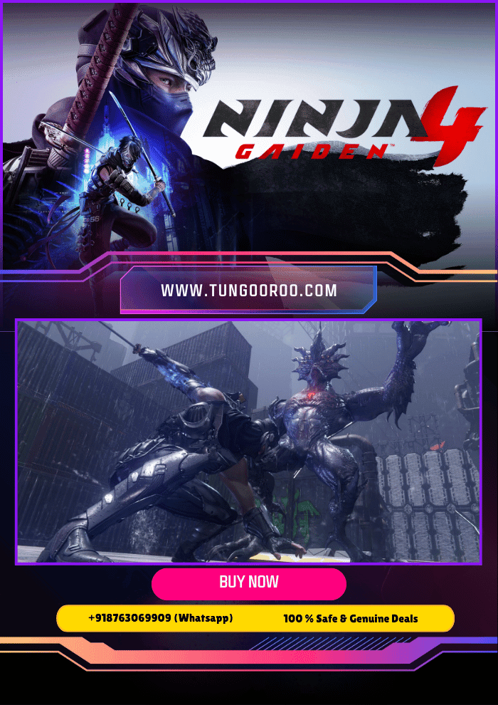 NINJA GAIDEN 4 Yakumo and Ryu Hayabusa slicing through cybernetic ninjas in a rain-soaked, neon Tokyo. Intense hack-and-slash action with blood-spattered visuals and sleek 4k resolution – Ninja Gaiden 4 promotional key art 4k