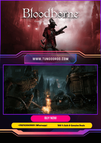 Bloodborne Game of the Year Edition key art with gothic Victorian city, hunter wielding a trick weapon, cosmic horror monsters lurking in shadows – highly detailed dark fantasy atmosphere 4k