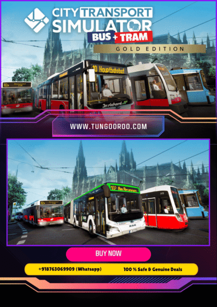 City Transport Simulator: Bus + Tram – Gold Edition gameplay screenshot showcasing realistic 4K urban streets, detailed buses, immersive tram systems, and dynamic day-night cycles – 4k