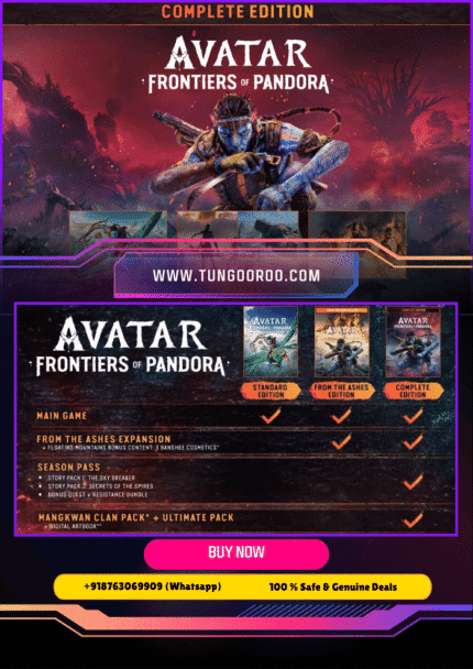 Avatar: Frontiers of Pandora Complete Edition showcasing the Na'vi warrior on the lush Western Frontier with vivid biomes and advanced weapons 4k