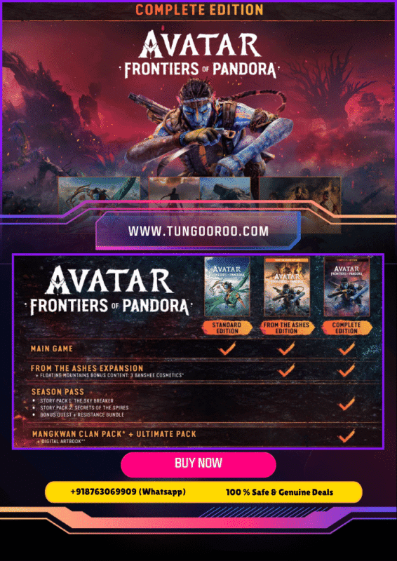Avatar: Frontiers of Pandora Complete Edition showcasing the Na'vi warrior on the lush Western Frontier with vivid biomes and advanced weapons 4k