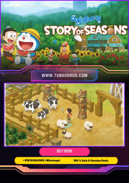 Doraemon and friends farming, fishing, and exploring in the world of Natura with vibrant crops and animals, featuring secret gadgets and colorful scenery 4k