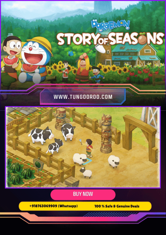 Doraemon and friends farming, fishing, and exploring in the world of Natura with vibrant crops and animals, featuring secret gadgets and colorful scenery 4k