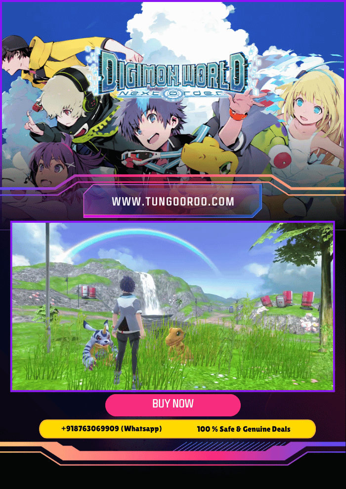 Digimon World Next Order n1 Two Digimon partners battling fiercely with futuristic digital cityscape in the background, colorful and vibrant 4K