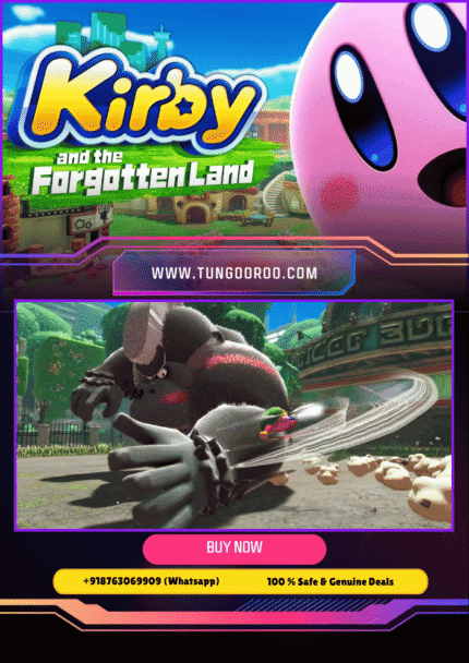 Kirby exploring a vibrant post-apocalyptic world, using Mouthful Mode to transform into objects and battling enemies in the 3D platformer Kirby and the Forgotten Land 4k