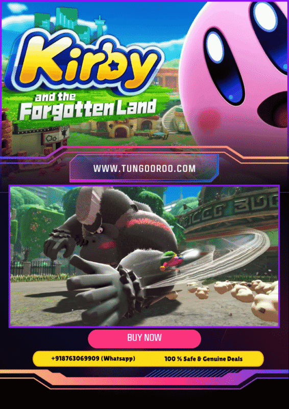 Kirby exploring a vibrant post-apocalyptic world, using Mouthful Mode to transform into objects and battling enemies in the 3D platformer Kirby and the Forgotten Land 4k