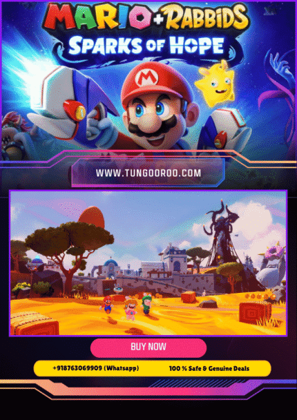 Mario + Rabbids Sparks of Hope game cover featuring Mario, Rabbid Peach, Bowser, and Sparks characters in a vibrant cosmic battle scene 4k