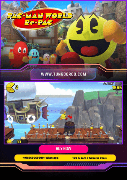 PAC-MAN bouncing through a vibrant 3D ghost-filled world, collecting dots and fruits, with sharp, colorful graphics and enhanced visual