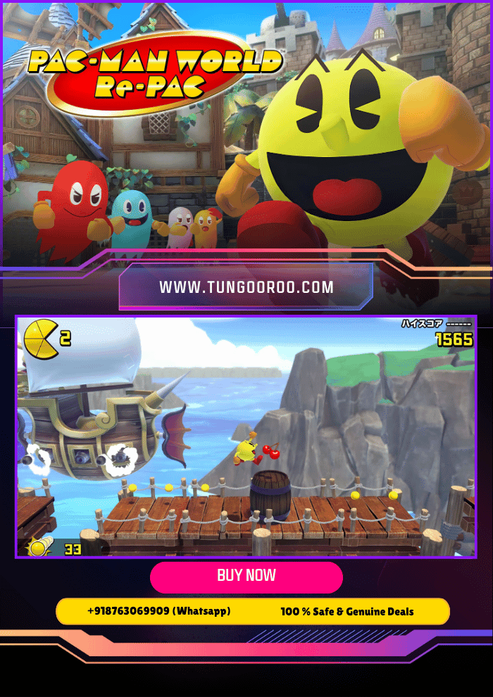 PAC-MAN WORLD Re-PAC n1 PAC-MAN bouncing through a vibrant 3D ghost-filled world, collecting dots and fruits, with sharp, colorful graphics and enhanced visual