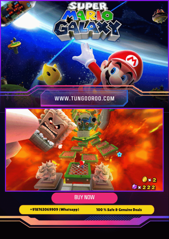 Super Mario Galaxy gameplay featuring Mario jumping between spherical planets in vibrant galaxies with colorful power-ups and star bits coll