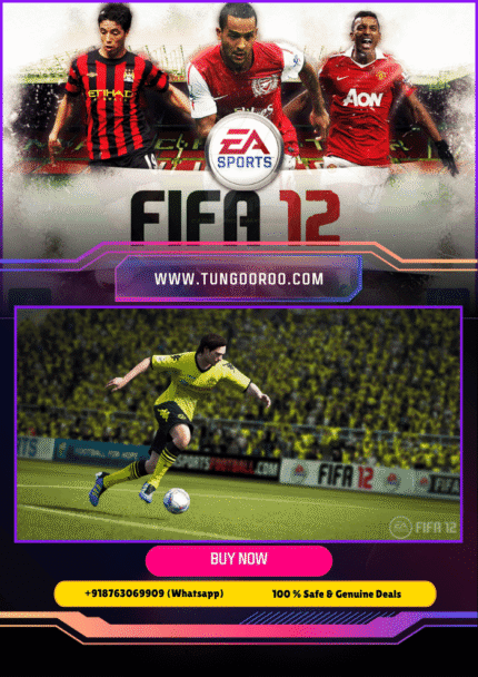 Dynamic match scene from FIFA 12 showcasing Impact Engine physics, precision dribbling, and worldwide leaderboards on a stadium packed with cheering fans, rendered in stunning detail – 4K.