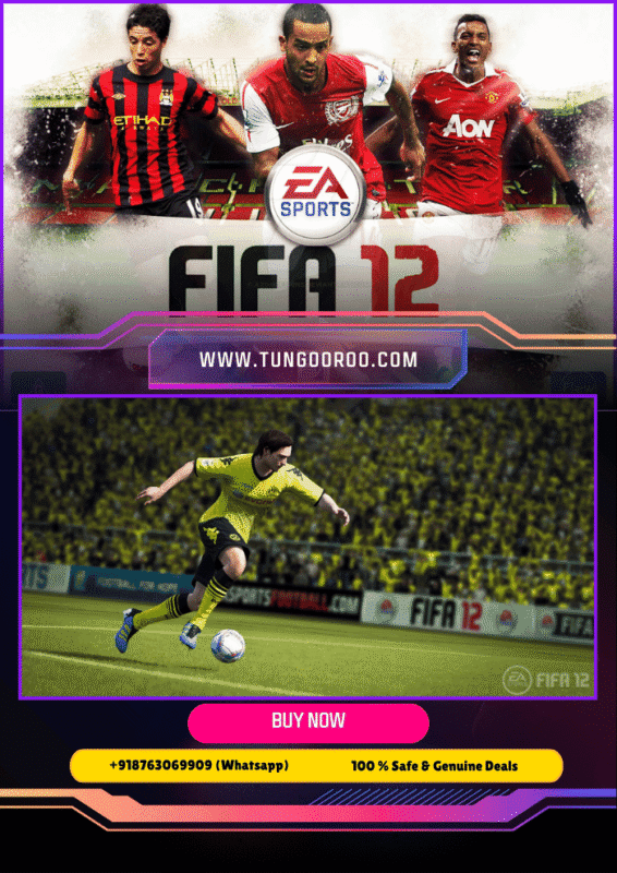 Dynamic match scene from FIFA 12 showcasing Impact Engine physics, precision dribbling, and worldwide leaderboards on a stadium packed with cheering fans, rendered in stunning detail – 4K.