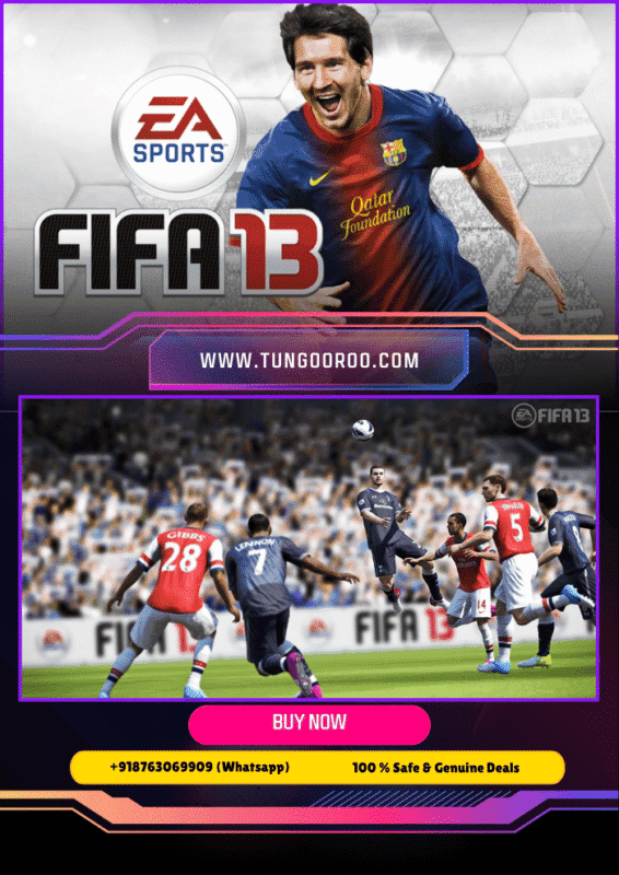 Detailed in-game screenshot of FIFA 13, showcasing intense football action, realistic player graphics, and dynamic stadium crowd excitement 4k.