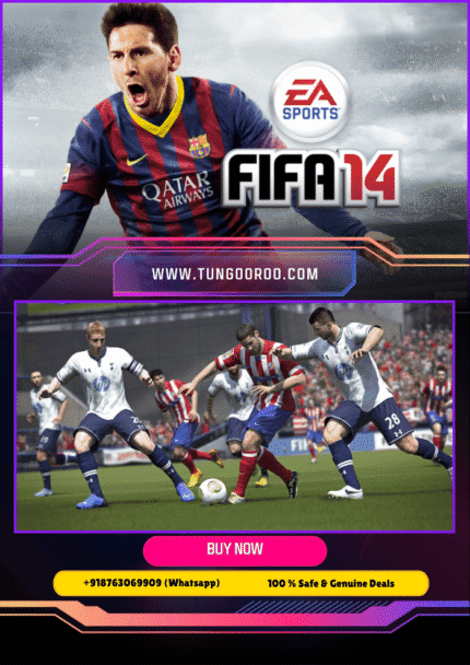 Dynamic in-game action from FIFA 14 showing players sprinting down the pitch, delivering realistic ball movement, and executing skillful dribbling during a packed stadium match, highlighting next-gen football realism – 4k