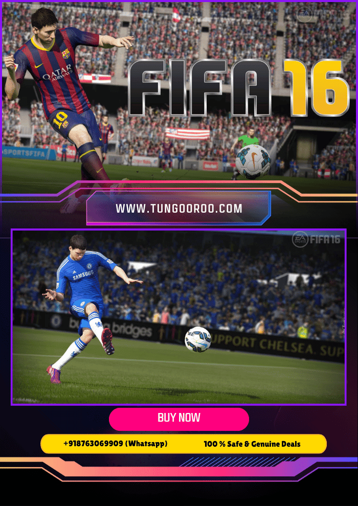 fifa16 Dynamic gameplay from FIFA 16, showing high-paced soccer action with iconic players, advanced ball control, and stadium atmosphere; EA Sports logo visible, FIFA 16 branding, player celebration, and women's national teams showcased; realistic graphics and features highlighted – 4K