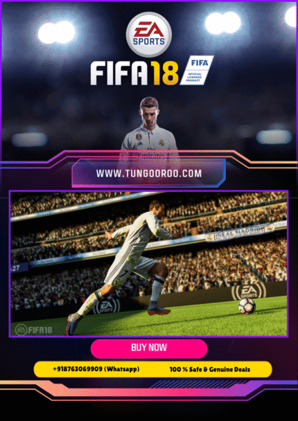 FIFA 18 intense football match action with iconic players on the pitch, realistic stadium atmosphere, vibrant crowd cheering 4k