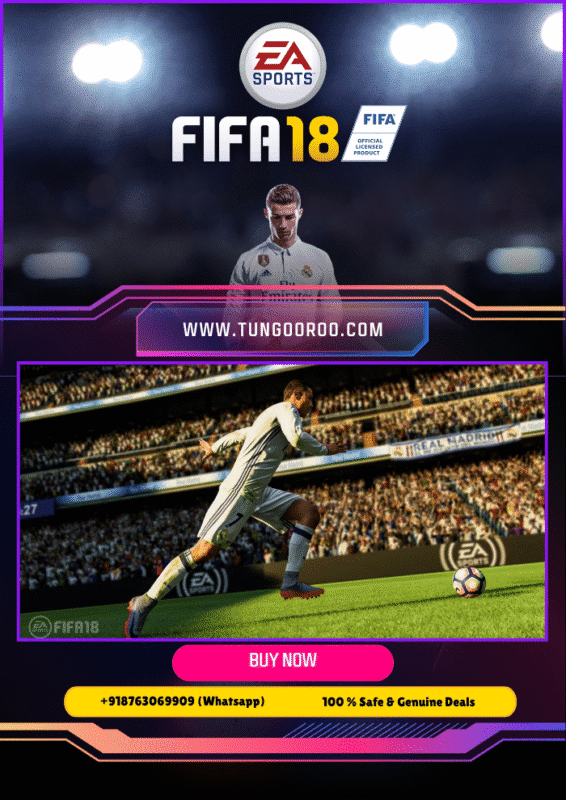 FIFA 18 intense football match action with iconic players on the pitch, realistic stadium atmosphere, vibrant crowd cheering 4k
