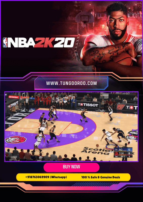 NBA 2K20 official gameplay screenshot showing realistic court action, star players, dynamic crowd, and next-gen graphics 4K
