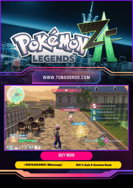 A dynamic battle scene in Lumiose City with the player’s starter Chikorita, Tepig, or Totodile dodging real-time attacks from a Mega Evolved Pokémon, while city lights and trainers preparing for Z-A Royale glow in the background 🌆⚡️4k.