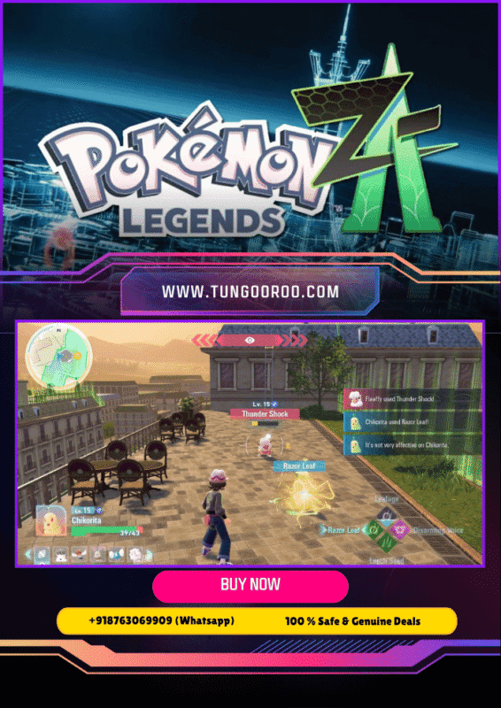 A dynamic battle scene in Lumiose City with the player’s starter Chikorita, Tepig, or Totodile dodging real-time attacks from a Mega Evolved Pokémon, while city lights and trainers preparing for Z-A Royale glow in the background 🌆⚡️4k.