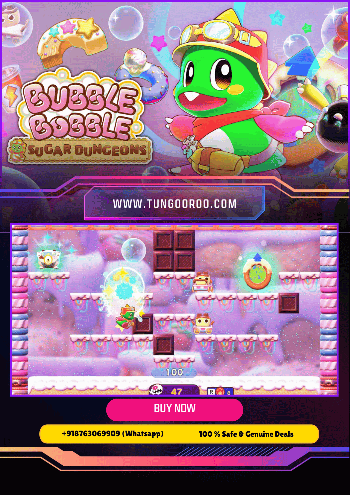BUBBLE BOBBLE Sugar Dungeons Screenshot of BUBBLE BOBBLE Sugar Dungeons showing adorable dragons battling candy monsters in colorful dungeons, glowing pixel-art environment, and dynamic bubble attacks – 4K