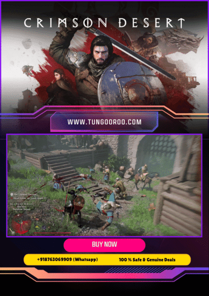 Epic 4K screenshot of Crimson Desert's vast open-world desert landscape with intense boss battle, dynamic combat, and stunning visuals in ultra HD 4K