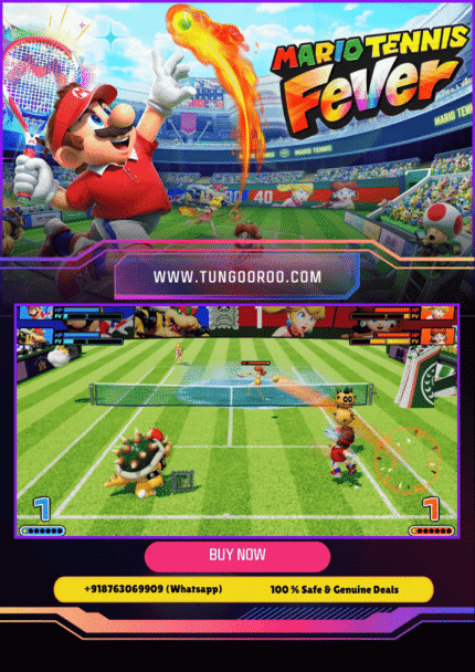 Vibrant 4K screenshot of Mario smashing a fiery tennis serve in Mario Tennis™ Fever, with Luigi diving for a smash return on a colorful Mushroom Kingdom court, explosive effects and cheering Toads in the background 4K