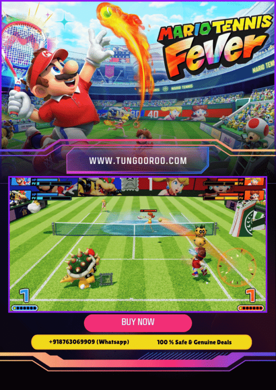 Vibrant 4K screenshot of Mario smashing a fiery tennis serve in Mario Tennis™ Fever, with Luigi diving for a smash return on a colorful Mushroom Kingdom court, explosive effects and cheering Toads in the background 4K