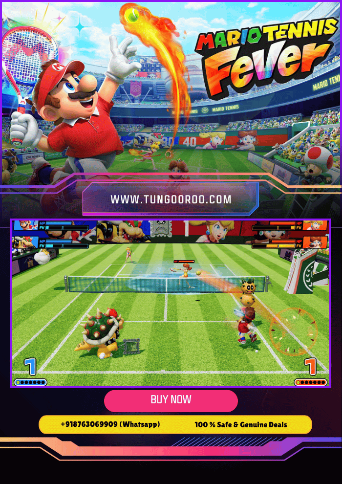 Vibrant 4K screenshot of Mario smashing a fiery tennis serve in Mario Tennis™ Fever, with Luigi diving for a smash return on a colorful Mushroom Kingdom court, explosive effects and cheering Toads in the background 4K