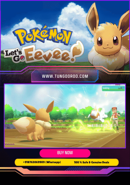 Cute Eevee smiling alongside its Trainer exploring the vibrant Kanto region in Pokémon Let’s Go, Eevee! – Nintendo Switch gameplay screenshot 4K