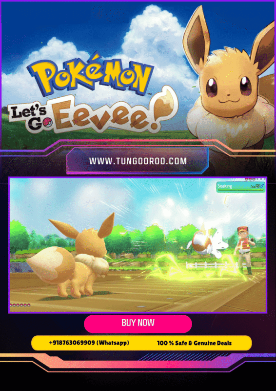 Cute Eevee smiling alongside its Trainer exploring the vibrant Kanto region in Pokémon Let’s Go, Eevee! – Nintendo Switch gameplay screenshot 4K