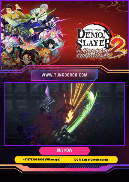 Epic 4K screenshot of Tanjiro Kamado unleashing Hinokami Kagura flames against ruthless demons in Demon Slayer -Kimetsu no Yaiba- The Hinokami Chronicles 2, showcasing intense anime combat, Water Breathing slashes, and stunning PS5 visuals 4K