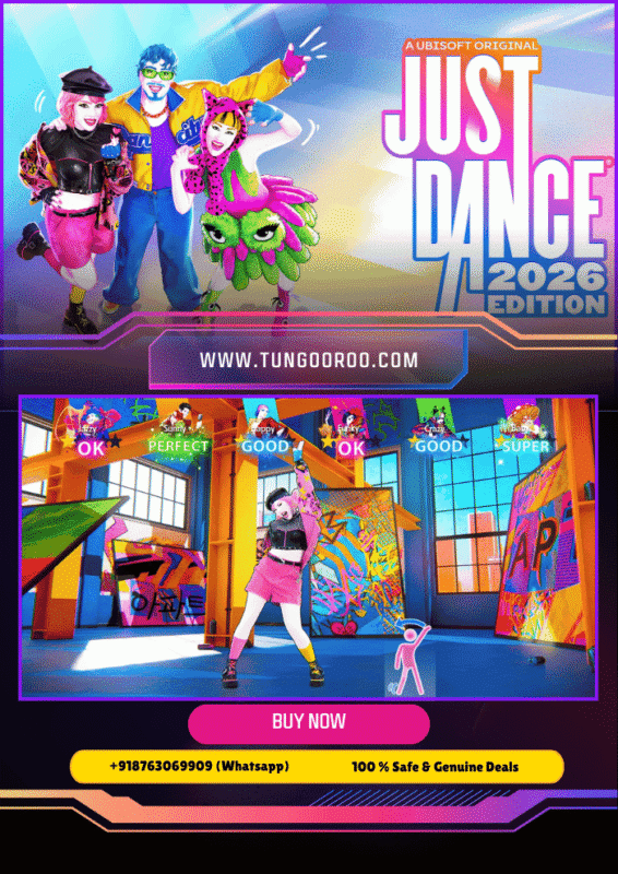 Vibrant 4K screenshot of dancers grooving to hit tracks in Just Dance 2026 Edition, colorful stages, motion controls, family party fun 4K