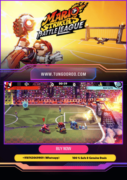Explosive 4K gameplay screenshot of Mario Strikers Battle League with Mario hyper-charging the ball past Bowser in a chaotic stadium brawl, fiery effects and cheering crowds, ultimate Nintendo Switch soccer action 4K
