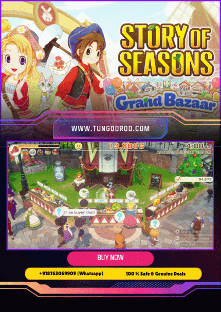 Vibrant 4K screenshot of Story of Seasons Grand Bazaar gameplay showing colorful farms, bustling bazaar stalls, cute animals, and joyful villagers trading goods under sunny skies 🌻🛒 – ultimate cozy farming sim adventure in stunning high-res detail 4K.