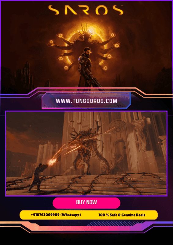 Epic SAROS gameplay screenshot: heroic warrior wielding glowing energy blade in dark cosmic ruins, battling shadowy cosmic horrors under neon-lit alien skies, intense souls-like action in 4K.
