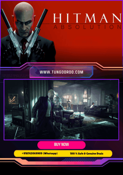 Hitman: Absolution stealth assassin action, Agent 47 aiming silenced pistol in rain-soaked neon city, cinematic lighting, close-up barcode tattoo, tense infiltration scene — 4K