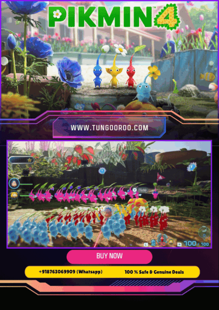 Colorful Pikmin exploring a lush alien island with Captain Olimar and customizable leader, vibrant flowers and mysterious glowing ruins in the background — Pikmin 4 gameplay screenshot, cooperative exploration, real-time strategy elements, high-detail character models and environments 4k